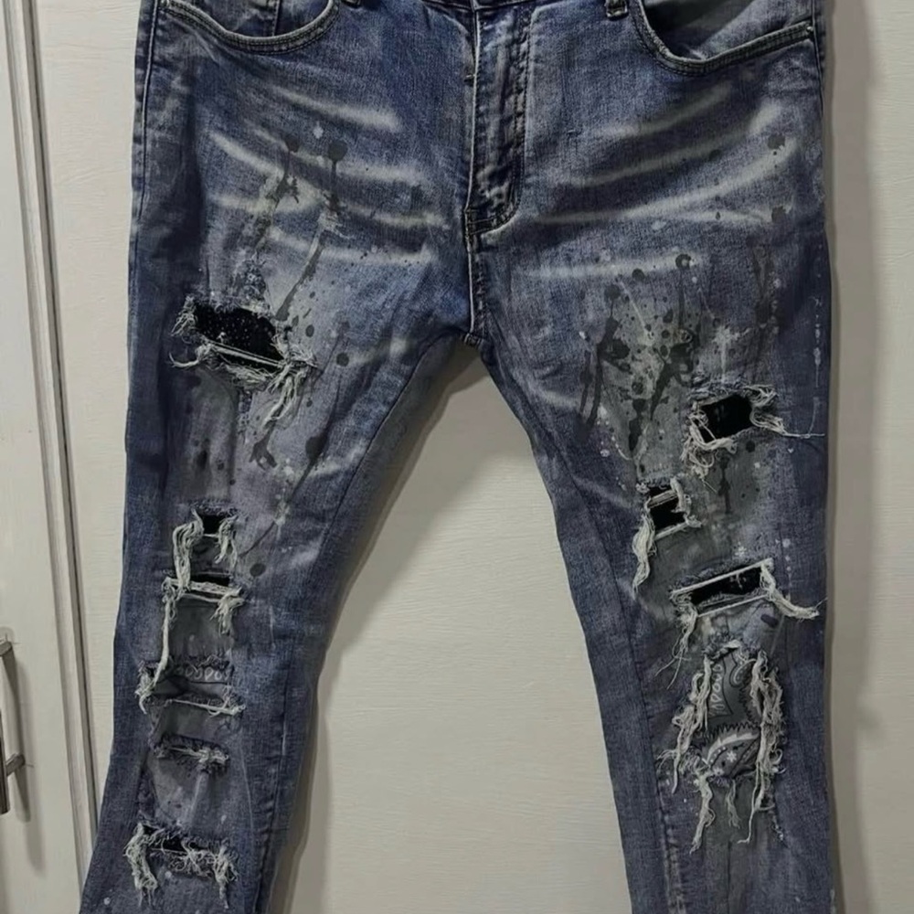 AMIRI Blue and Black Distressed Skinny Jeans